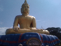Blick auf den Berg mit der Statue des Buddha